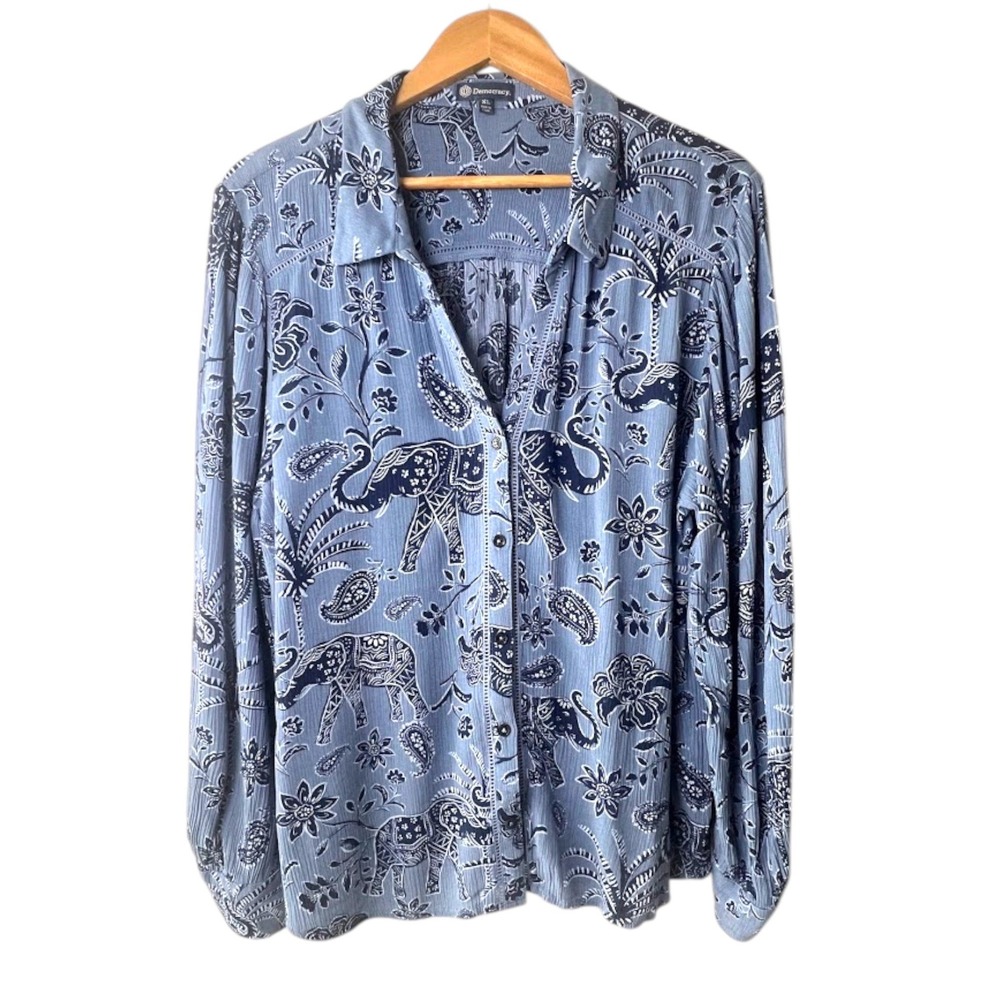 Democracy Womens XL Blue Elephant Paisley Print Button Down Blouse‎ Boho Safari